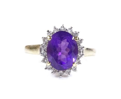 A 9ct gold amethyst and diamond cluster ring, setting height 13.5mm, size P, 3g 