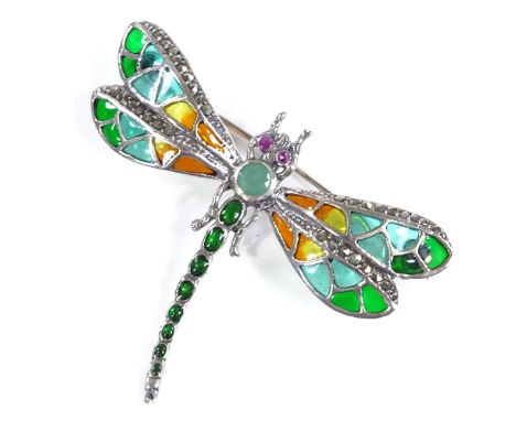 A sterling silver emerald ruby marcasite and plique a jour enamel dragonfly brooch, wingspan 55.6mm, 8.9g 