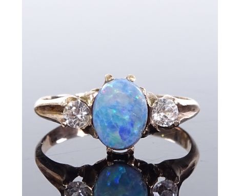 An unmarked gold 3-stone opal triplet and white sapphire ring, setting height 8.5mm, size L, 1.9g 