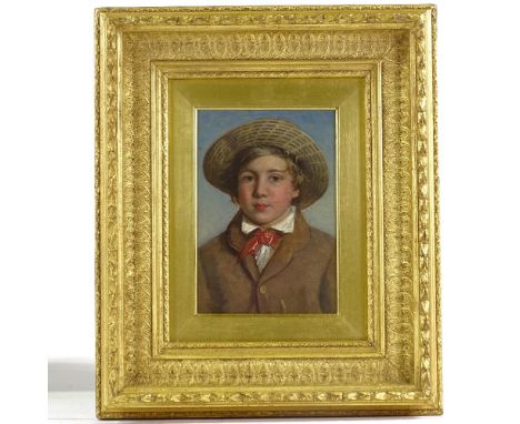 19th century oil on board, portrait of a boy in a hat, unsigned, 7.5" x 5", framed 