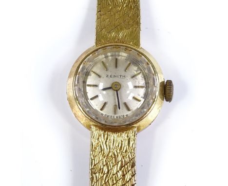 ZENITH - a lady's 18ct gold mechanical wristwatch, silvered dial with baton hour markers, on 18ct textured strap, 17 jewel mo