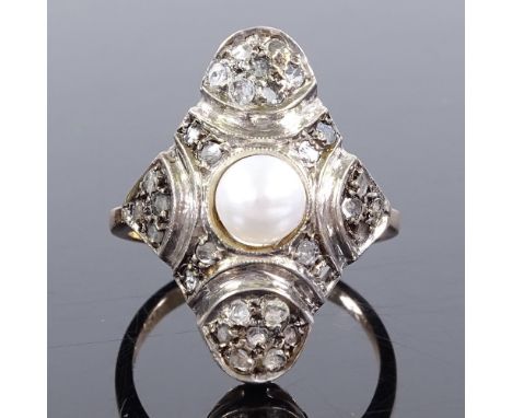 An unmarked gold pearl and rose-cut diamond panel ring, panel height 24.5mm, size P, 4.7g 