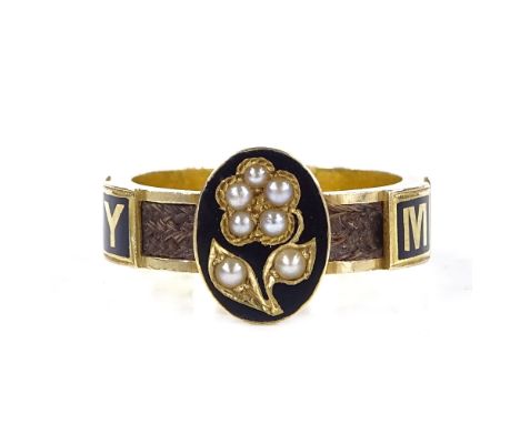 A Victorian 18ct gold black enamel and split-pearl memorial ring, with central floral panel, "Memory" shank with woven hair s