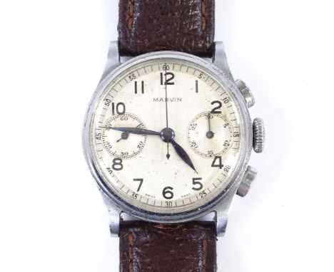 MARVIN - a stainless steel mechanical chronograph wristwatch, champagne dial with Arabic numerals, blued steel hands and 2 su