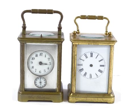 A French brass-cased carriage clock with repeat movement and alarm, and another brass-cased carriage clock 