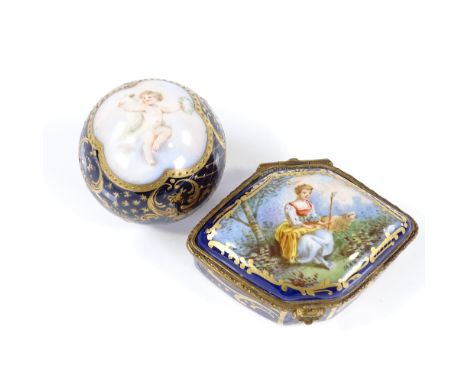 A painted and gilded porcelain globular parasol handle, diameter 4cm, and a French painted porcelain trinket box, width 6.5cm