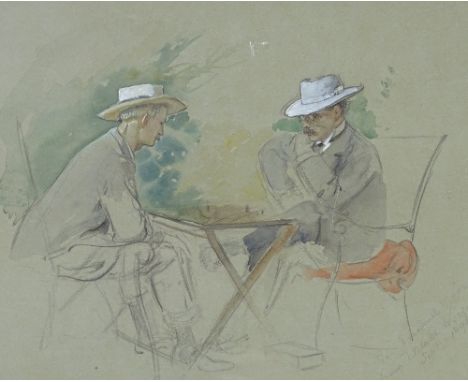 Theodor Blake Wirgman (1848 - 1925), watercolour, 2&nbsp; men playing chess (Major General Sir Edward Spears and Emanuel Moor