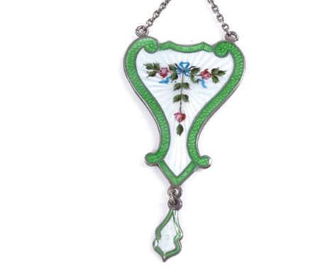 An Art Nouveau silver and coloured enamel lavaliere pendant necklace, with engine turned sunburst decoration and painted flor