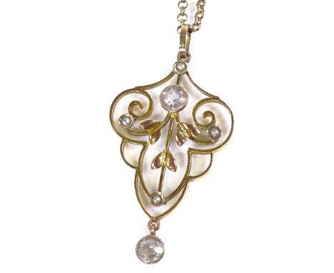 An Edwardian 9ct gold amethyst and split-pearl pendant necklace, with openwork stylised settings, on 9ct belcher link chain, 