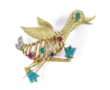 CARTIER - an 18ct gold gem set running duck brooch, circa 1960s, set with diamond emerald sapphire ruby and turquoise, realis