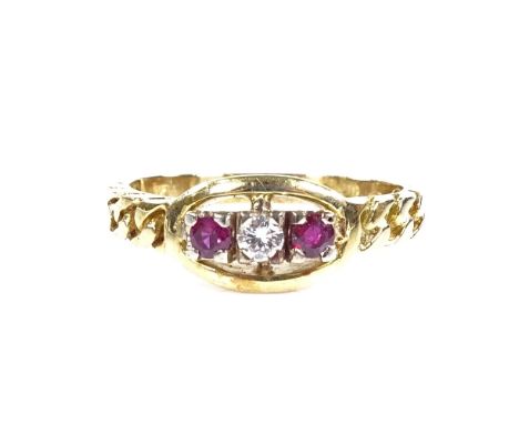 An 18ct gold 3-stone ruby and diamond ring, with flat curb link design shoulders, setting height 7.3mm, size Q, 4g 