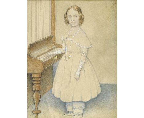 19th century watercolour, portrait of a girl playing a piano, unsigned, 5" x 4", and a miniature watercolour of a ginger cat,