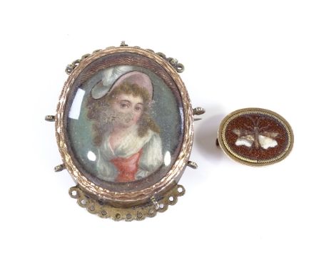 A miniature painted porcelain panel portrait, depicting young female, in unmarked yellow metal bracelet/brooch frame, height 