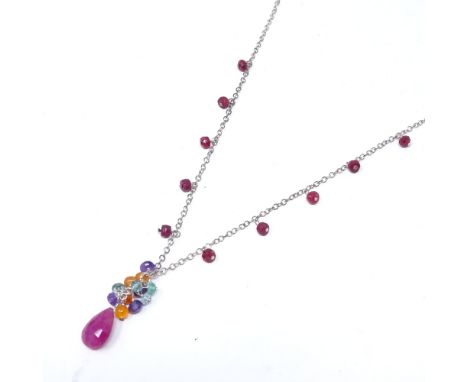 A silver ruby and gemstone necklace, necklace length 43cm, 5g 