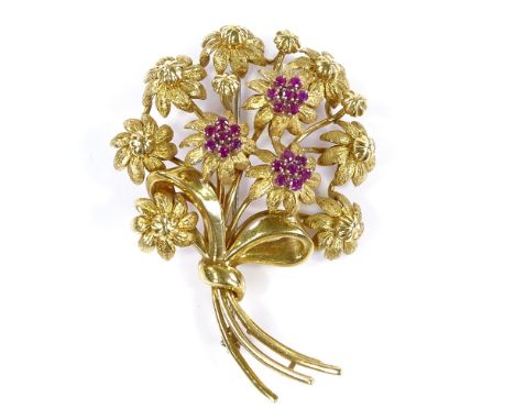 A 1960s 18ct gold ruby cluster floral spray brooch, maker's marks RHB, brooch length 58.1mm, 18.8g