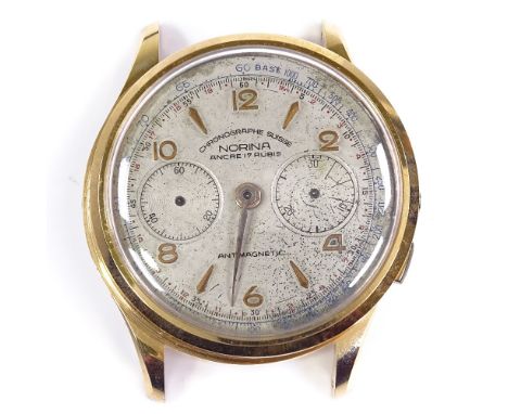 NORINA - a gold plated chronograph mechanical wristwatch head, gilded Arabic numerals and 2 subsidiary dials, calibre 48, cas