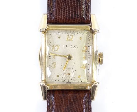 BULOVA - an Art Deco gold plated mechanical wristwatch, champagne dial with Deco Arabic numerals, subsidiary seconds dial and
