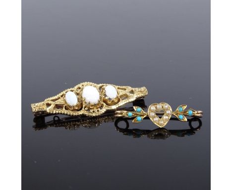 An unmarked gold split-pearl and turquoise heart bar brooch, brooch length 29.9mm, 1.6g, together with an unmarked gold 3-sto