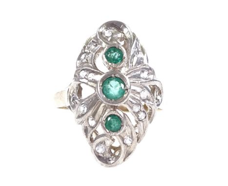 An unmarked gold emerald and CZ dress ring, setting height 21.2mm, size K, 3.5g 