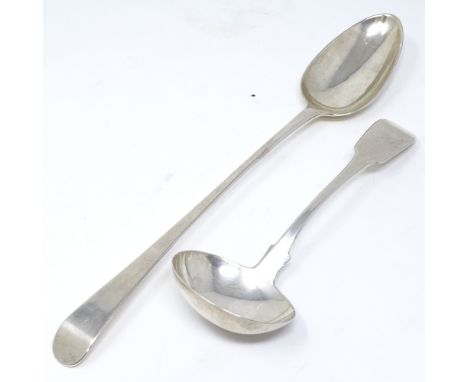 An early English long-handled silver serving spoon, indistinct marks, length 28cm, together with a silver ladle, 4.8oz total 