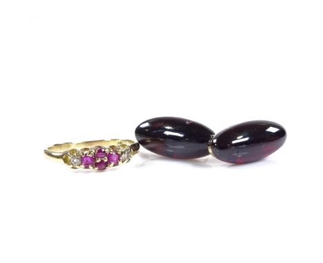 An unmarked gold ruby and diamond half-hoop ring, setting height 4.8mm, size N, 1.8g, together with a pair of unmarked gold c