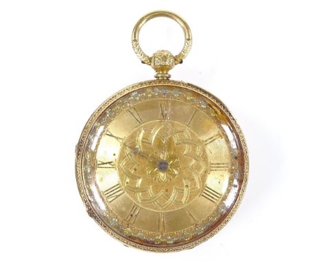 An 18ct gold open-face key-wind pocket watch, with applied gold Roman numeral hour markers and engine turned case, case width