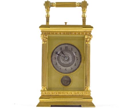 A 19th century French brass-cased carriage clock with Corinthian columns, silvered dials and repeat movement, case height 13.