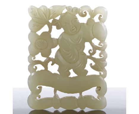 A Chinese carved and pierced jade plaque, length 5.5cm 
