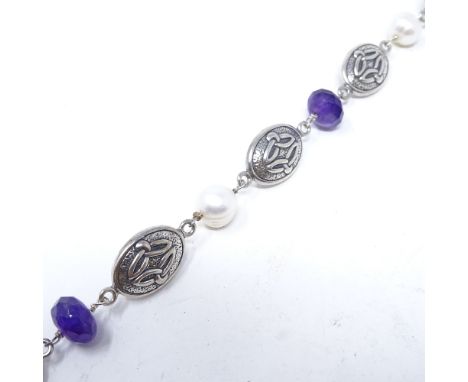 A Celtic sterling silver amethyst and pearl bracelet, bracelet length 22cm, 17.9g 