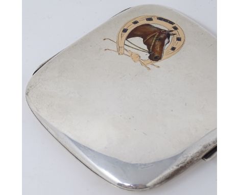 A French silver gold sapphire and enamel horse racing cigarette case, with curved edges, maker's marks K and W, length 9cm, 3