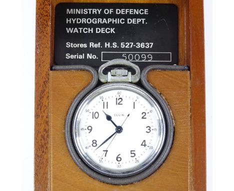 ELGIN NATIONAL WATCH CO - a Royal Navy chrome nickel plated open-face top-wind Deck pocket watch, by B W Raymond, white dial 