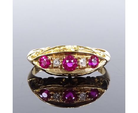 An 18ct gold 5-stone ruby and diamond half-hoop ring, with scroll engraved bridge, maker's marks W and JS, hallmarks Birmingh