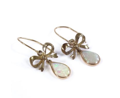 A pair of opal drop ribbon earrings, with shepherd hook fittings, overall height 30.5mm, 1.5g 