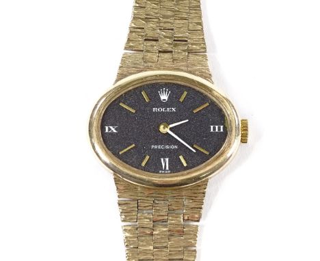 Rolex - a lady's Vintage 9ct gold Precision mechanical wristwatch, matte black dial with quarterly Roman numeral hour markers