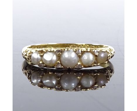 An 18ct gold 5-stone graduated split-pearl and diamond half-hoop ring, with scroll engraved bridge and shoulders, setting hei