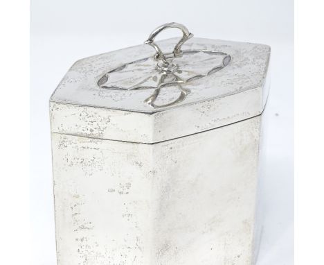 An Edwardian hexagonal silver tea caddy, with swing handle, by Thomas Bradbury &amp; Sons, hallmarks Sheffield 1902, height e