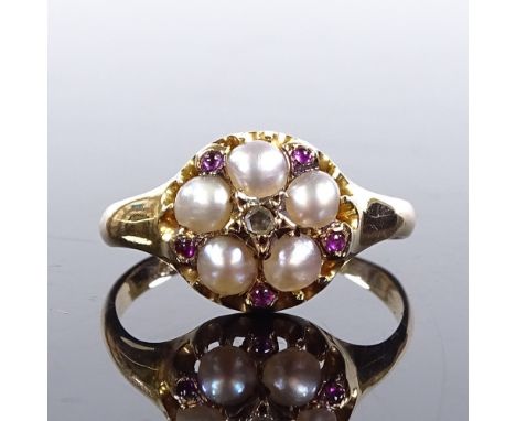 A Victorian 18ct gold split-pearl ruby and diamond cluster ring, setting height 9.8mm, size L, 2.6g 