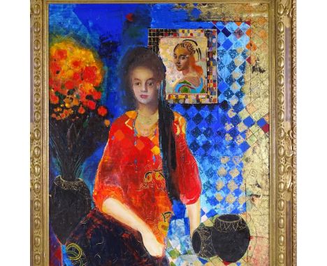 Oil on canvas, portrait of a girl, unsigned, 32" x 22", framed 