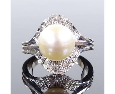 An unmarked white gold cultured pearl diamond cluster dress ring, setting height 14.6mm, size J, 5g 