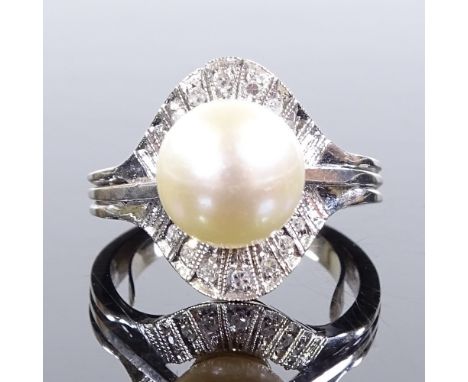 An unmarked white gold cultured pearl diamond cluster dress ring, setting height 14.6mm, size J, 5g 