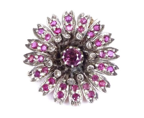 A Victorian unmarked gold ruby and diamond cluster flowerhead brooch, brooch diameter 26.2mm, 8.7g 