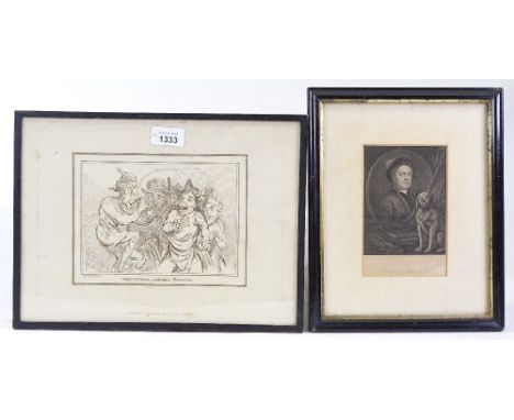 James Gillray, caricature print, The National Assembly, 6" x 8", and engraving, portrait of Hogarth, framed (2) 