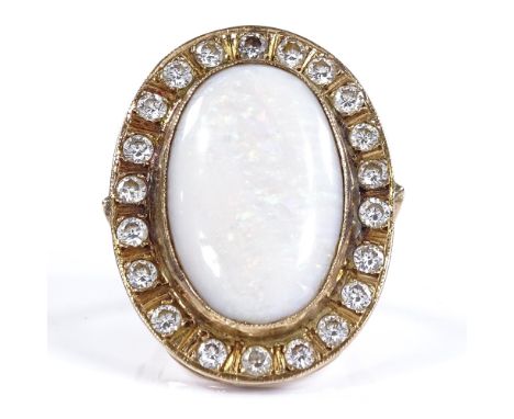 A large unmarked gold opal and white stone cluster dress ring, setting height 37.4mm, size approx T, 14g 