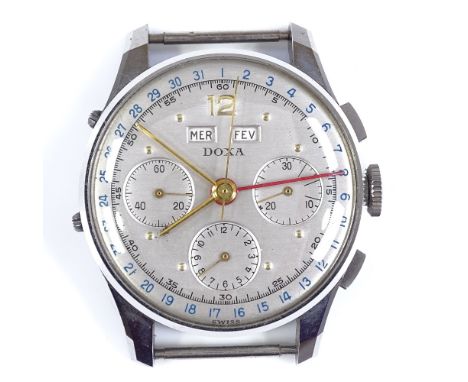 DOXA - a stainless steel triple-calendar chronograph mechanical wristwatch, silvered dial with gilded dot hour markers, 3 sub