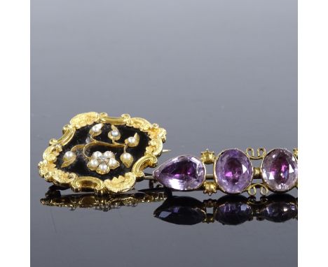 A Victorian unmarked yellow metal split-pearl diamond and black enamel mourning brooch, with foliate border and hair panel ba