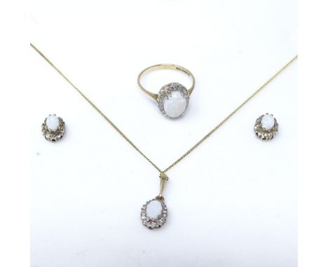 9ct gold opal and diamond cluster parure, comprising ring, necklace and pair of earrings, ring size M, necklace length 40cm (