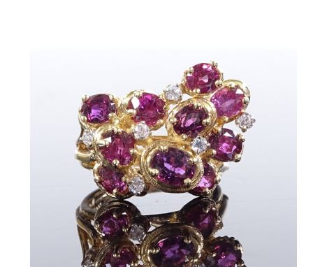 A 14ct gold ruby and CZ cluster abstract cocktail ring, with stylised openwork settings, setting height 17.3mm, size M, 8.1g 