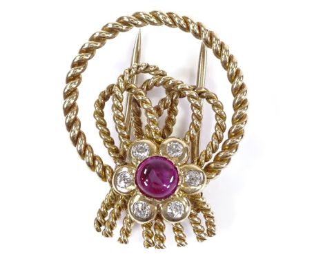 CARTIER - a 9ct gold cabochon ruby and diamond cluster rope twist knot dress clip/brooch, signed Cartier London, French clove