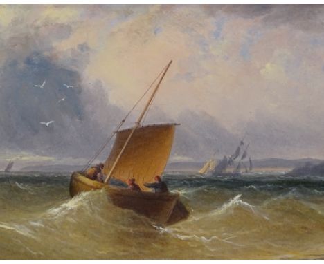 S M Drummond, oil on board, boats off the coast, signed, 6" x 13", framed 