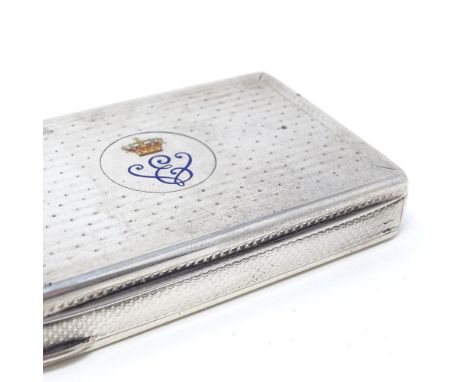 A silver snuffbox, with enamelled crowned cipher and engine turned decoration, inscribed inside lid "Knight Roma", length 8cm